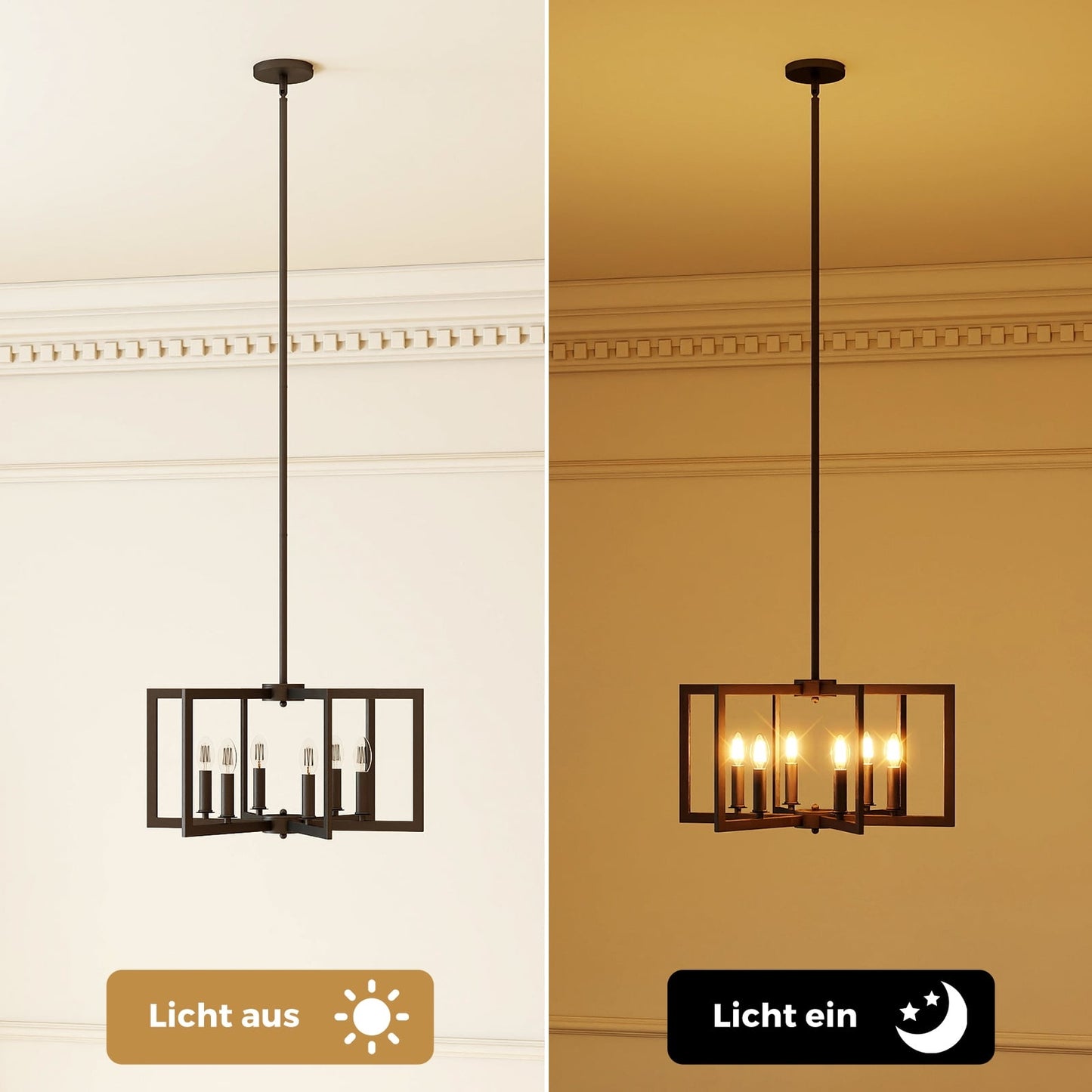 6-Light Industrial Chandelier, Adjustable Height, Black