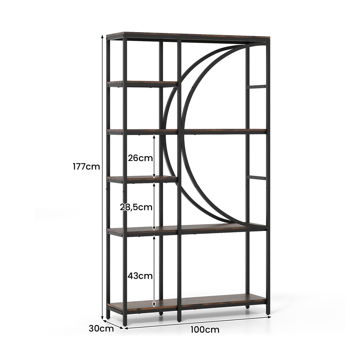 6-Tier Industrial Bookshelf with Open Shelves, Brown