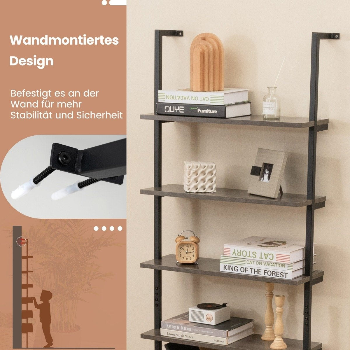 6 Tier Ladder Shelf Wall Mounted Bookcase with Metal Frame Rustic Gray
