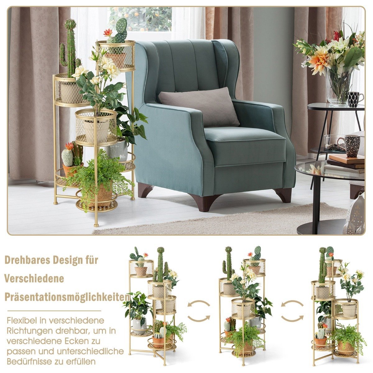 6 Tier Metal Plant Stand with Rotating Design Flower Stairs Flower Pot Holder Gold