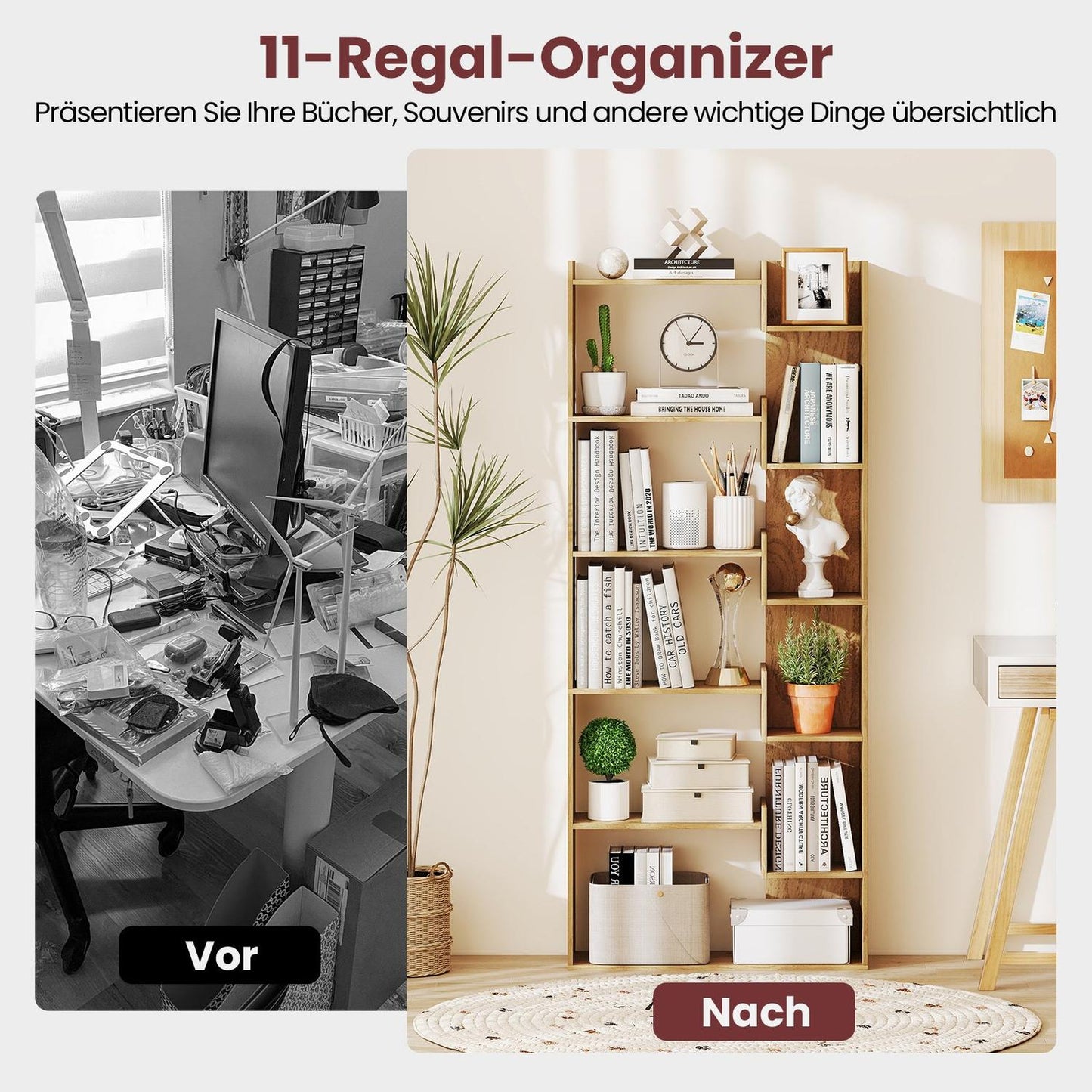 6-Tier Wooden Bookshelf with 11 Shelves, 69x22x163 cm
