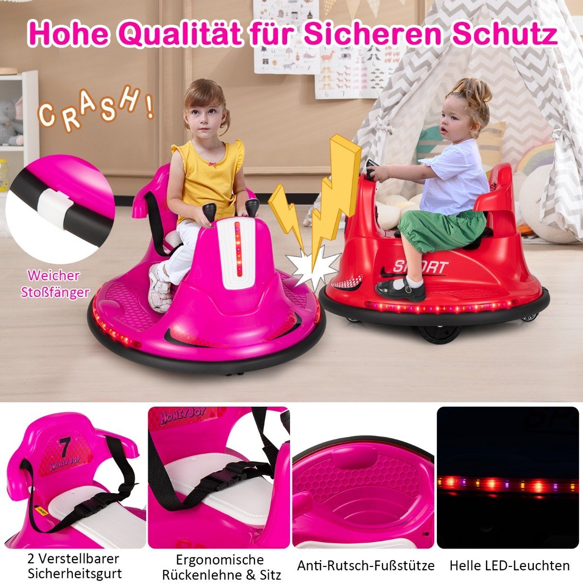 6V Children's Bumper Car 360 Degree Rotation with Music & Colorful LED Lights Pink