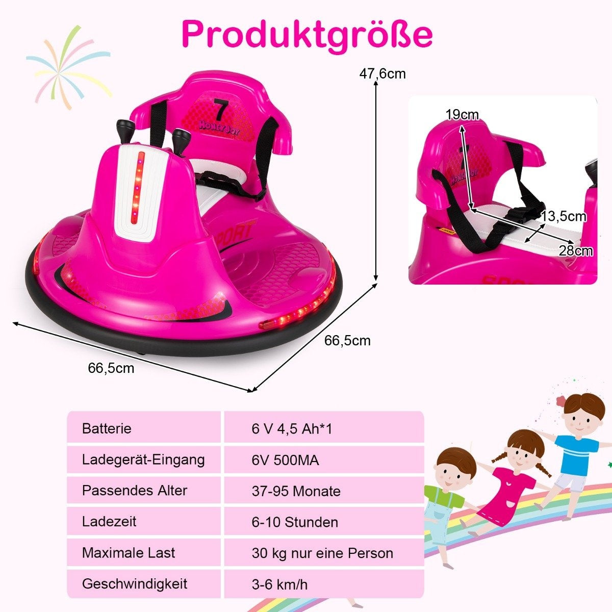 6V Children's Bumper Car 360 Degree Rotation with Music & Colorful LED Lights Pink