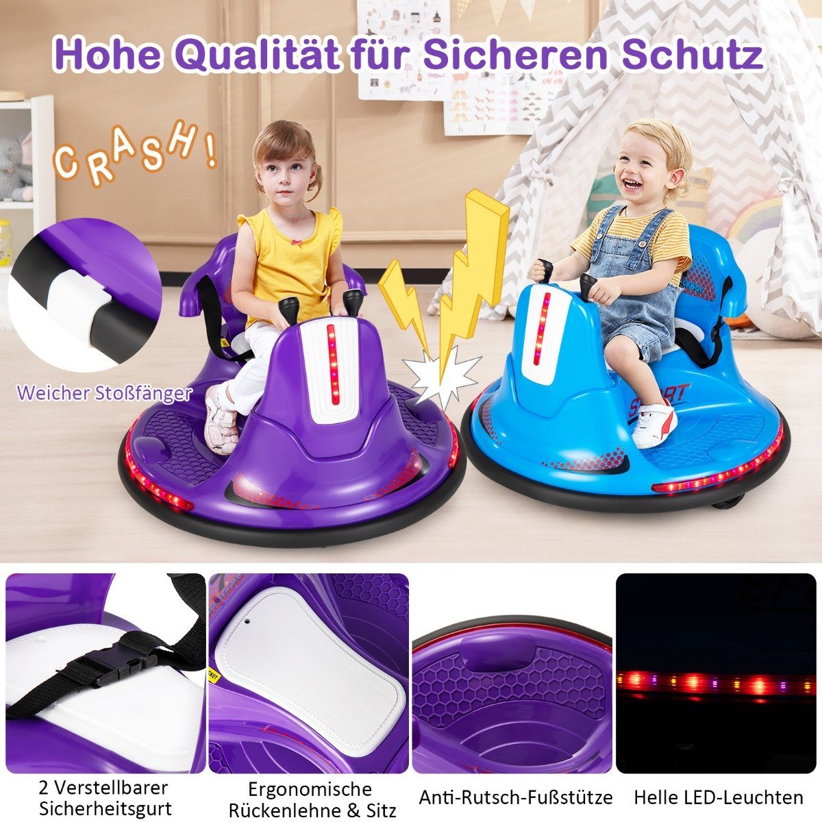 6V Children's Bumper Car 360 Degree Rotation with Music & Colorful LED Lights Purple