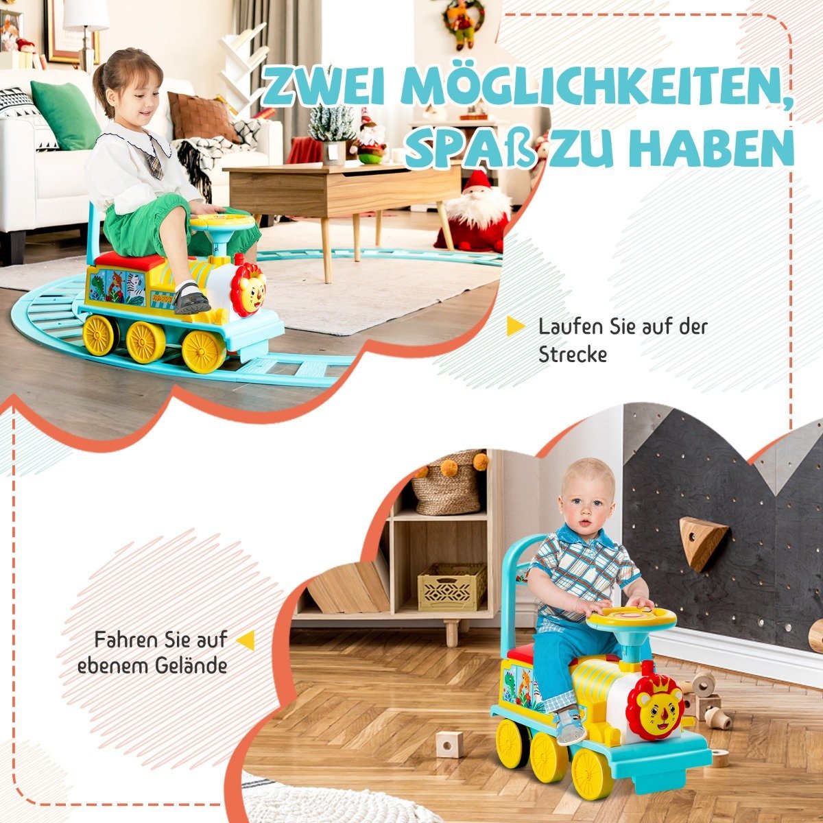 6V electric ride-on children's train with 16 rail pieces for children aged 3 and over. Blue
