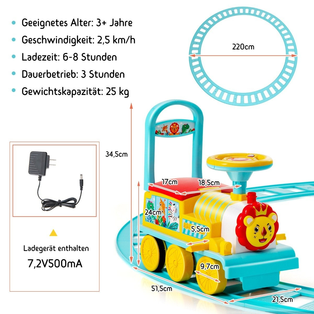 6V electric ride-on children's train with 16 rail pieces for children aged 3 and over. Blue