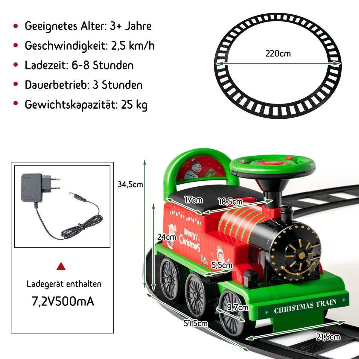 6V electric ride-on children's train with 16 rail pieces for children aged 3 and over. Green