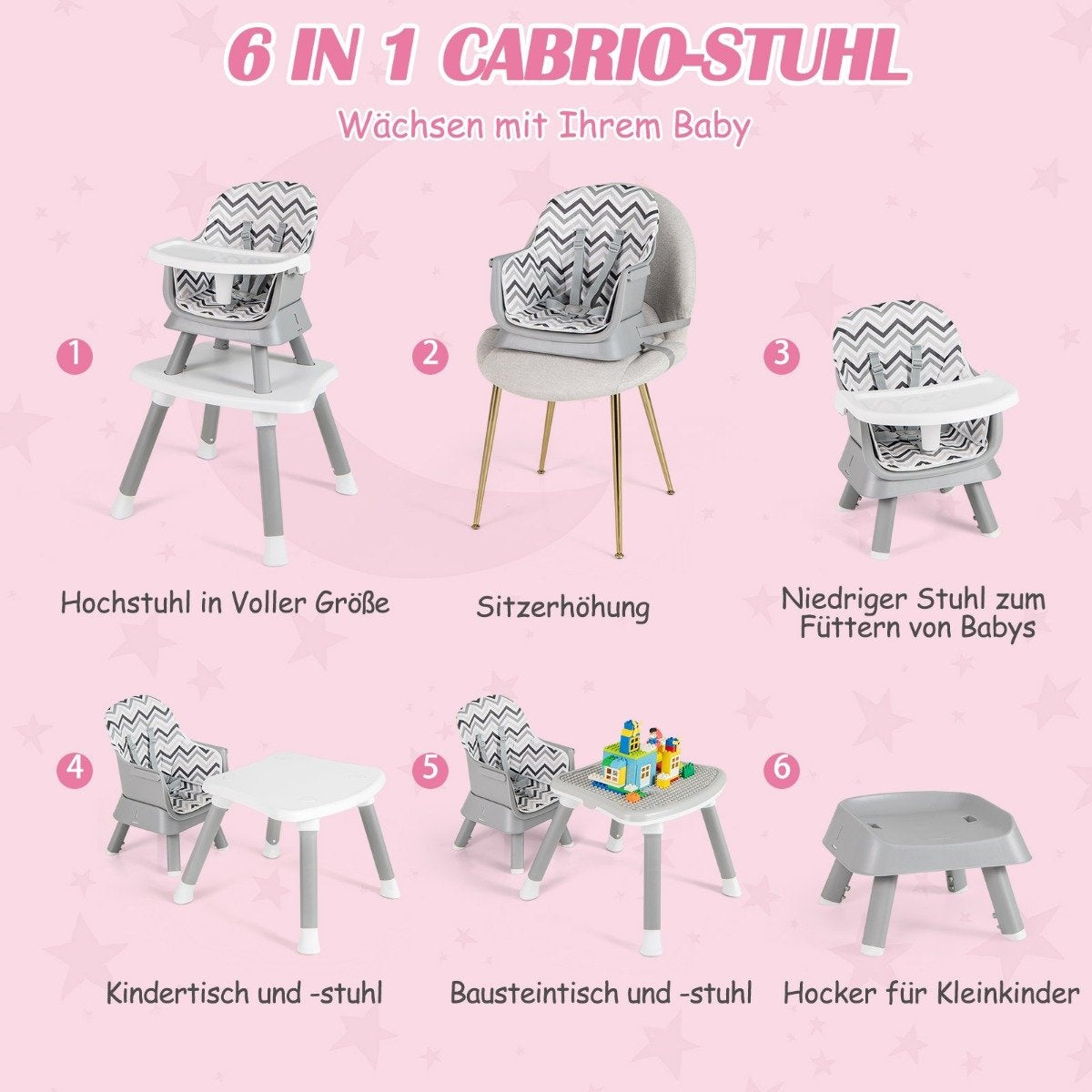 6-in-1 Baby High Chair High Chair & Dining chair & Learning table baby chair combination high chair gray and white