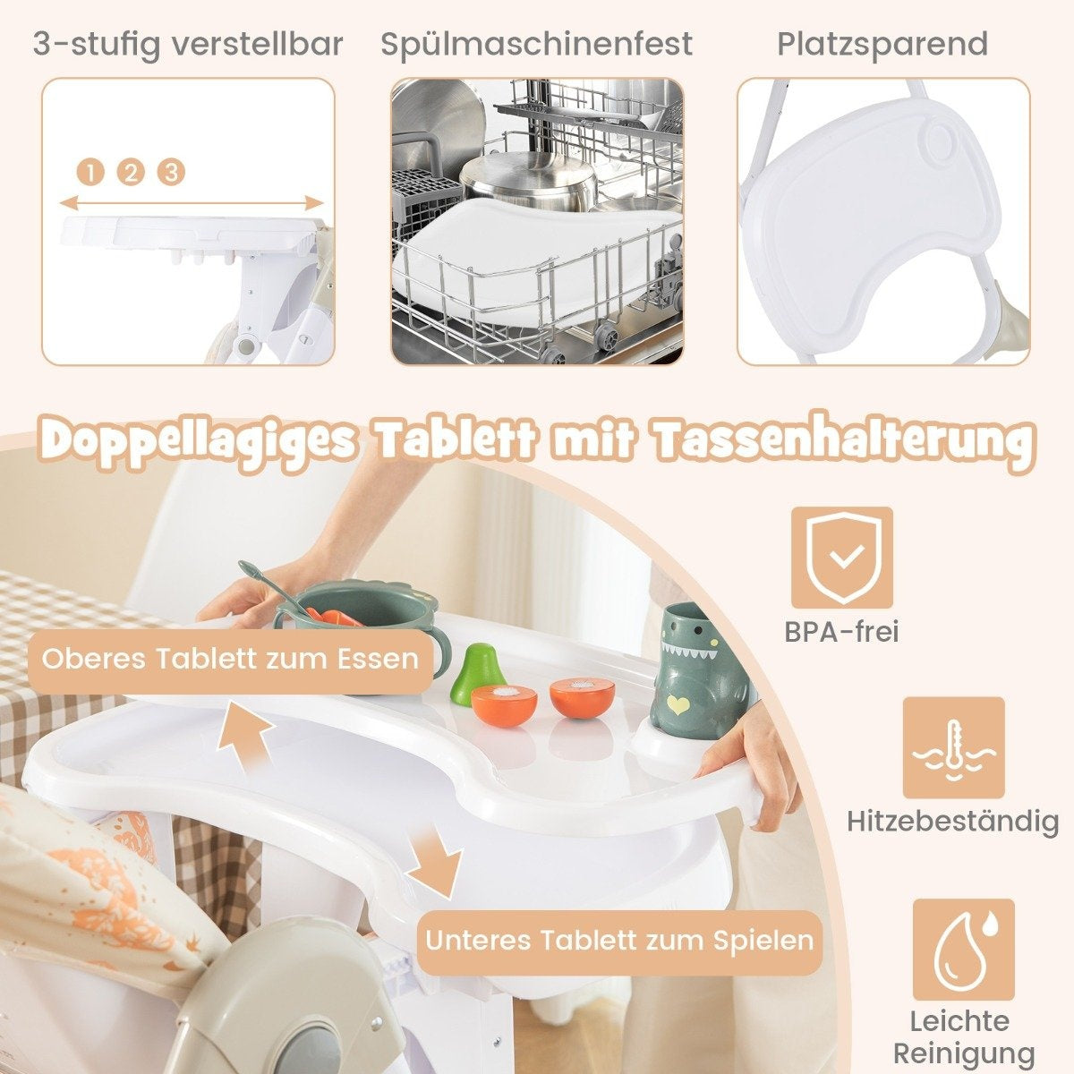 6 in 1 Convertible Baby High Chair with Reclining Functions & Double Tray Folding High Chair Beige