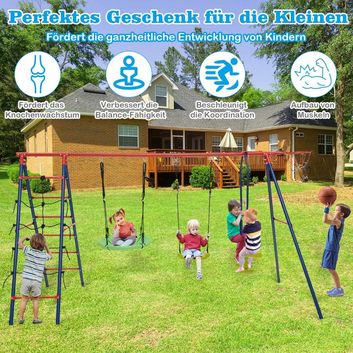 6 in 1 Swing Set with 2 Swings Glider Seats Climbing Net Climbing Ladder and Basketball Hoop 336 x 140 x 176 cm Red + Blue