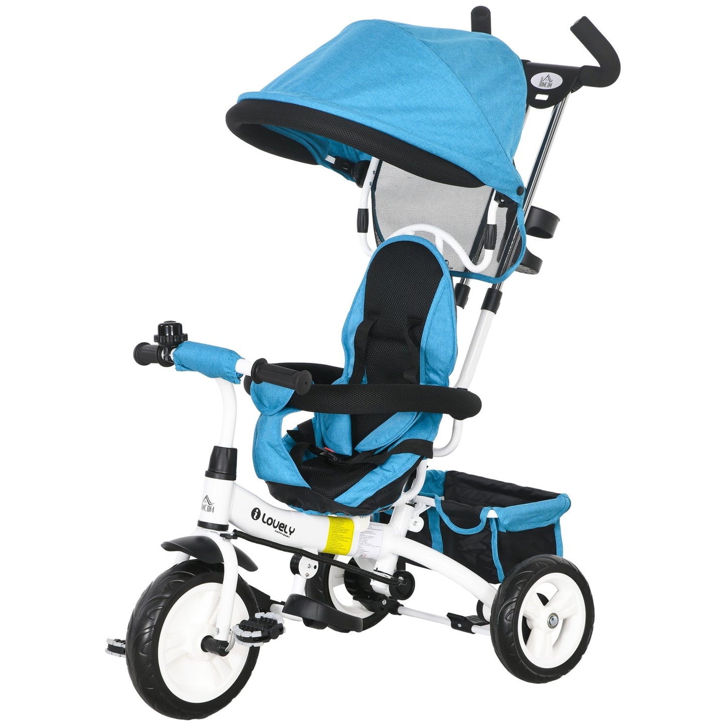 6-in-1 children's tricycle with push bar, roof, belt, storage basket, for 1-5 years, blue