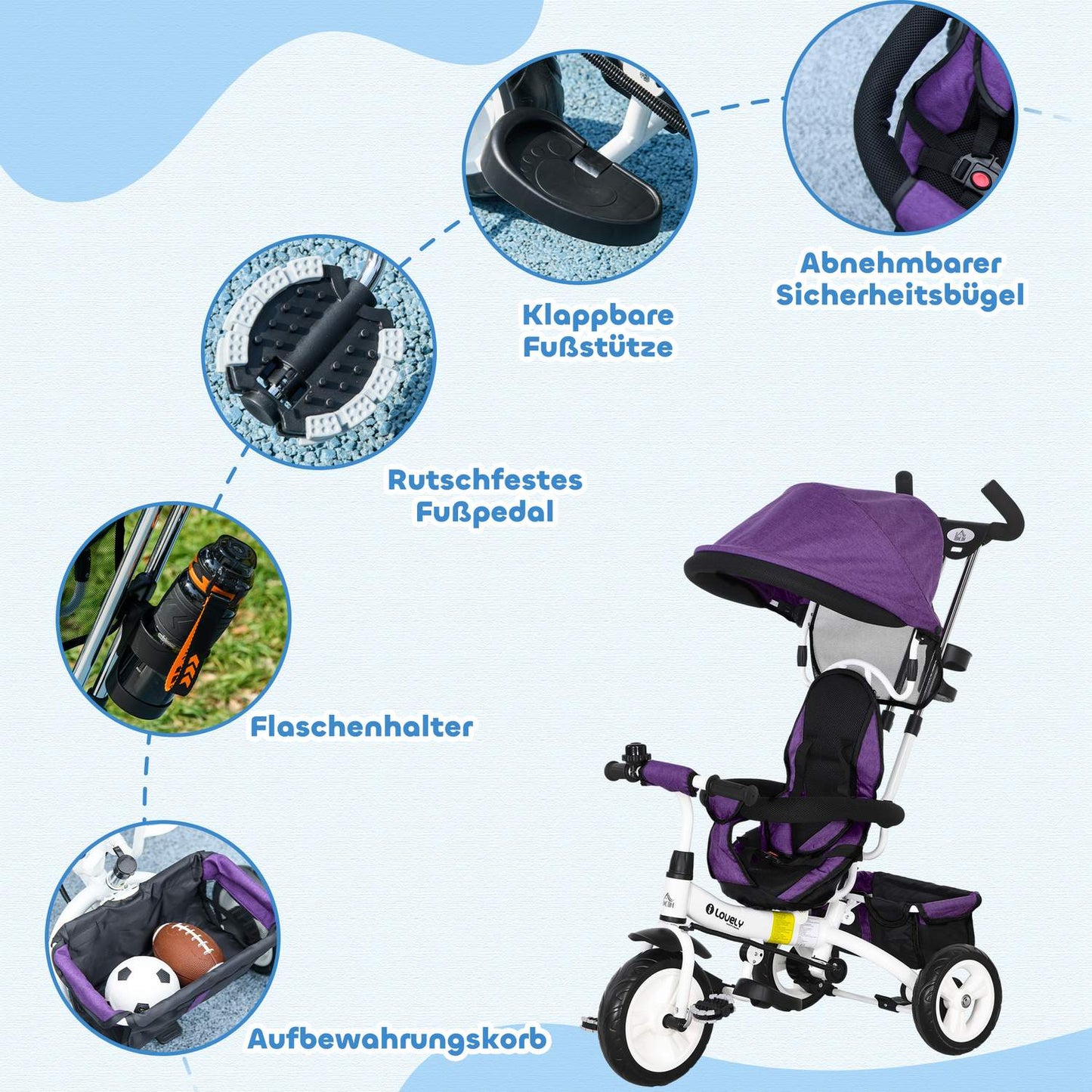 Children's Tricycle with Push Bar, Canopy, Storage Basket