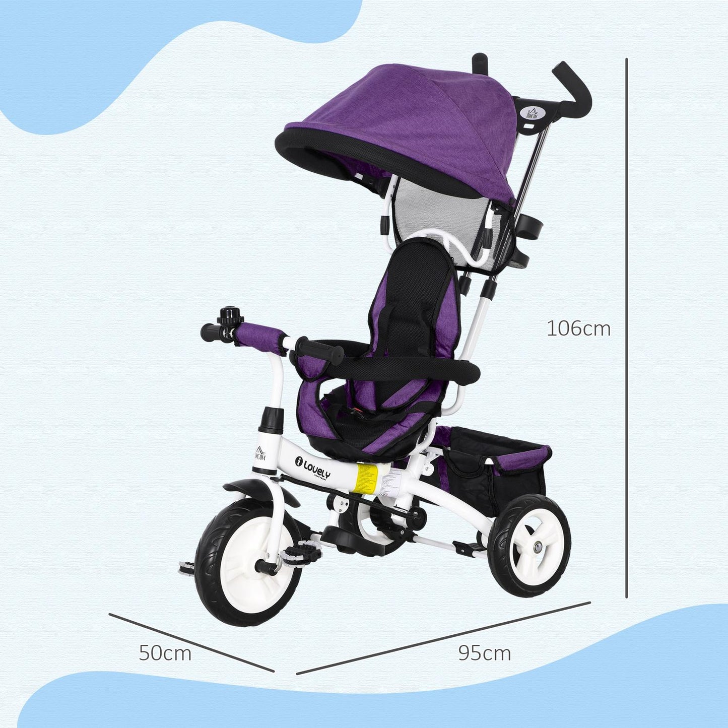 Children's Tricycle with Push Bar, Canopy, Storage Basket