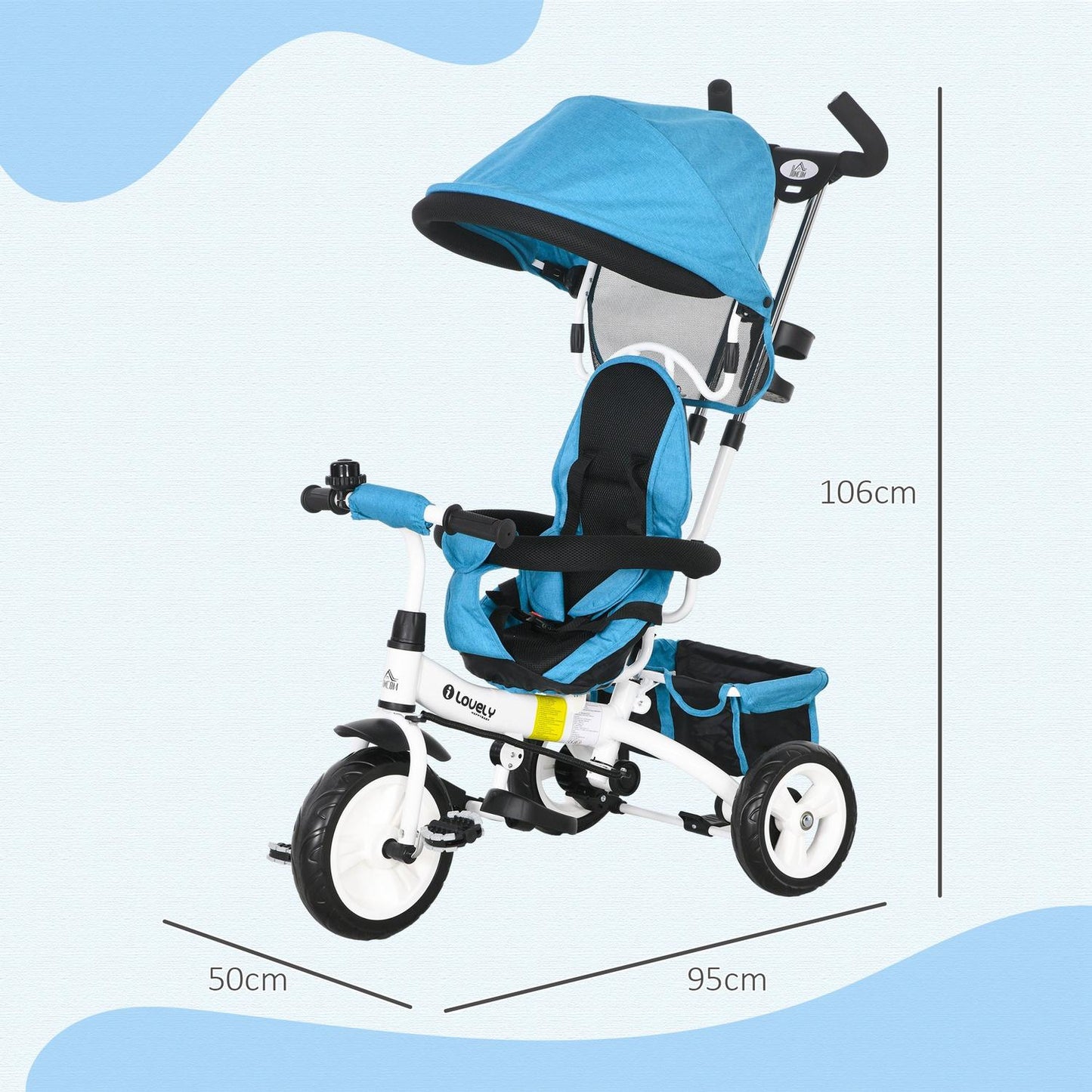 6-in-1 children's tricycle with push bar, roof, belt, storage basket, for 1-5 years, blue