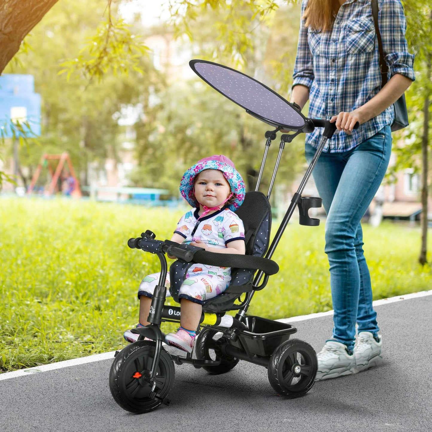 6-in-1 Kids' Tricycle with Push Bar & Canopy, Dark Blue