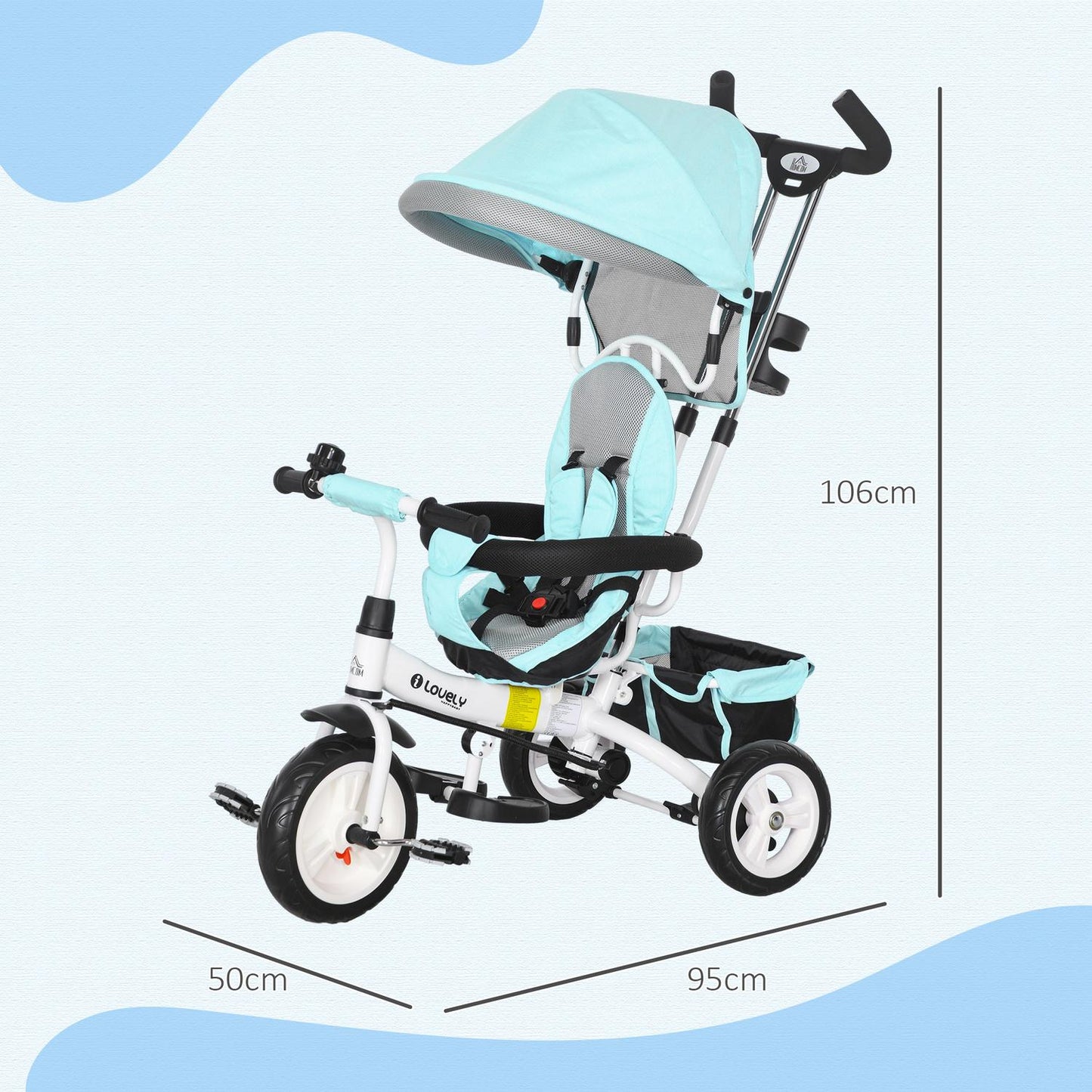 Children's Tricycle with Push Bar, Canopy, Storage – Green