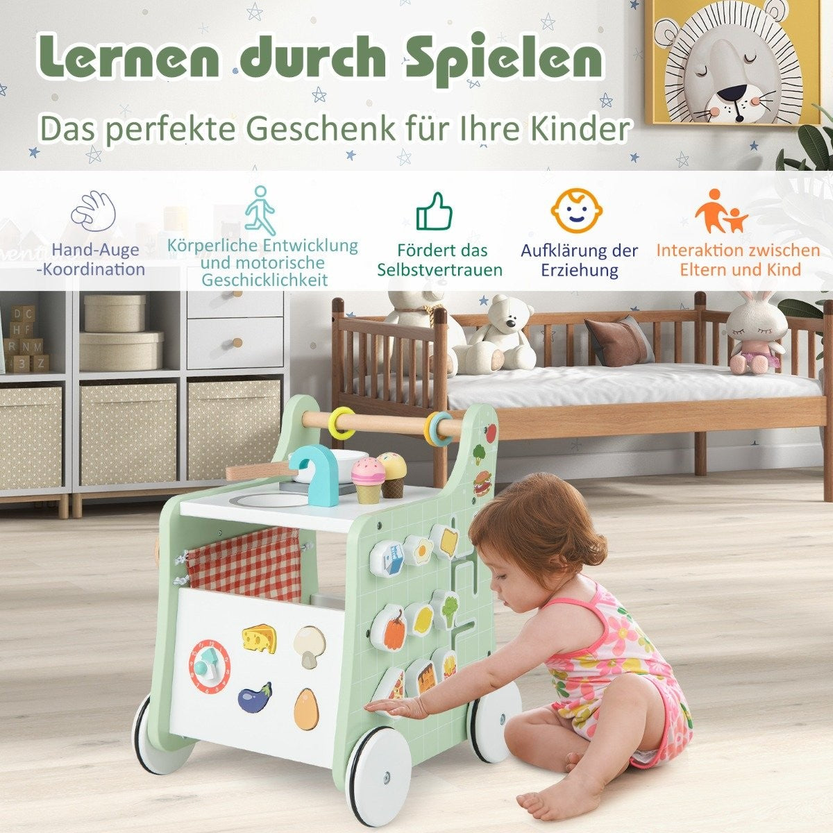 6 in 1 wooden baby walker with play kitchen & learning clock & shape adjustment & movable slider green