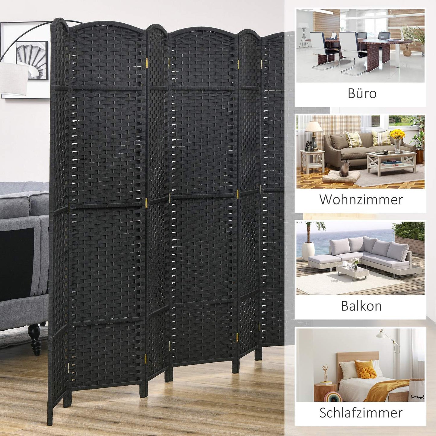 6-Panel Foldable Room Divider, Black Polypropylene