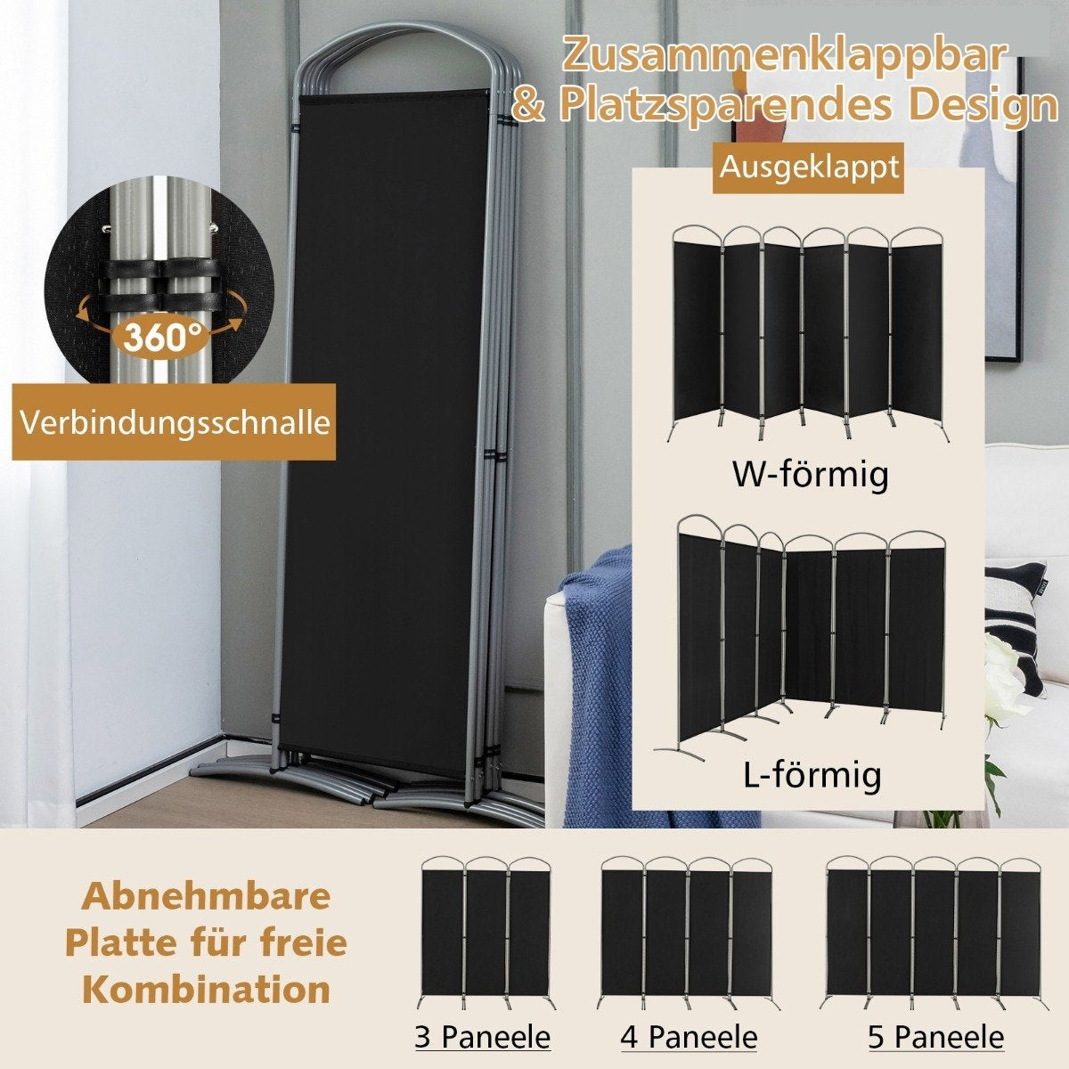 6-piece foldable privacy screen room divider fabric partition 331 x 51 x 188 cm black