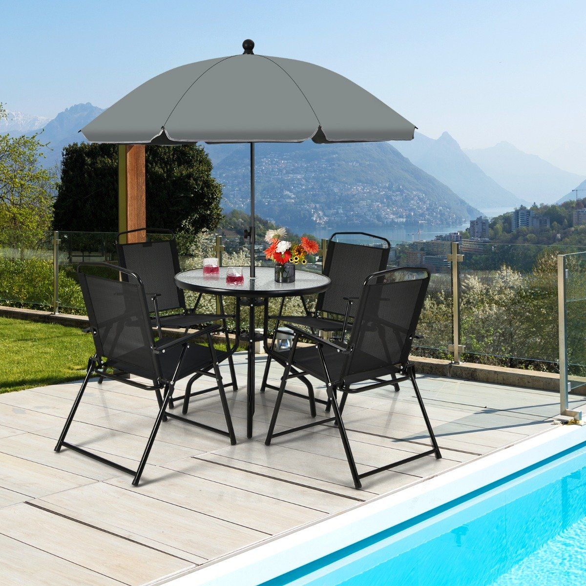 6-piece patio furniture set with coffee table & 4 folding chairs & umbrella
