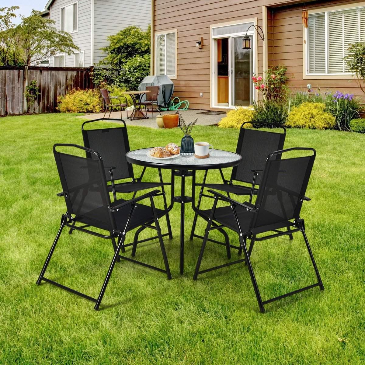 6-piece patio furniture set with coffee table & 4 folding chairs & umbrella