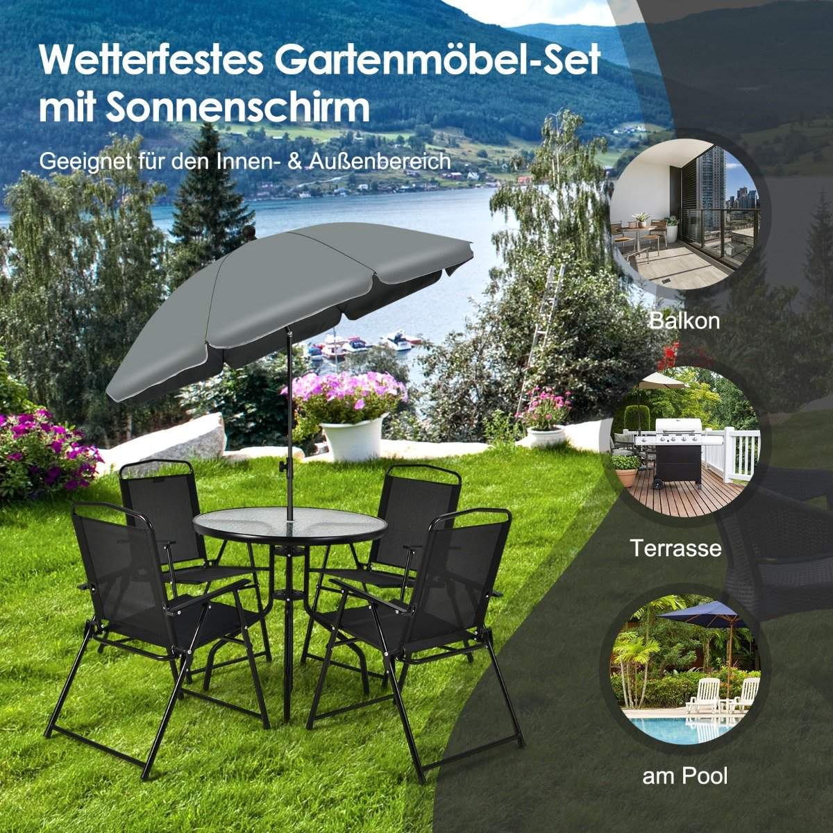 6-piece patio furniture set with coffee table & 4 folding chairs & umbrella