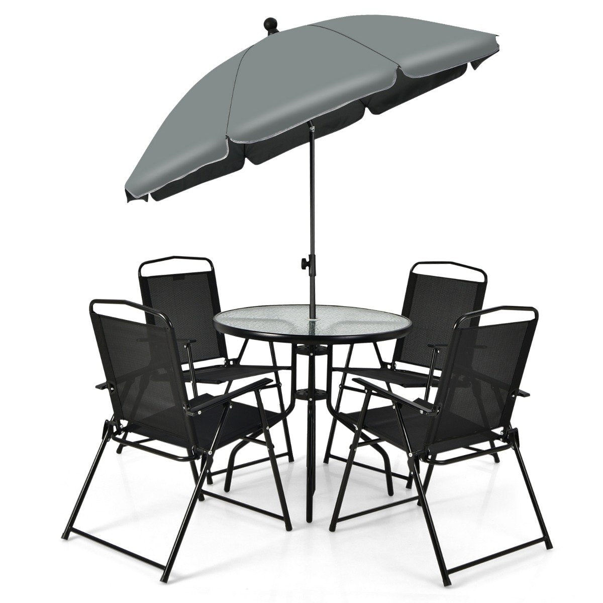 6-piece patio furniture set with coffee table & 4 folding chairs & umbrella