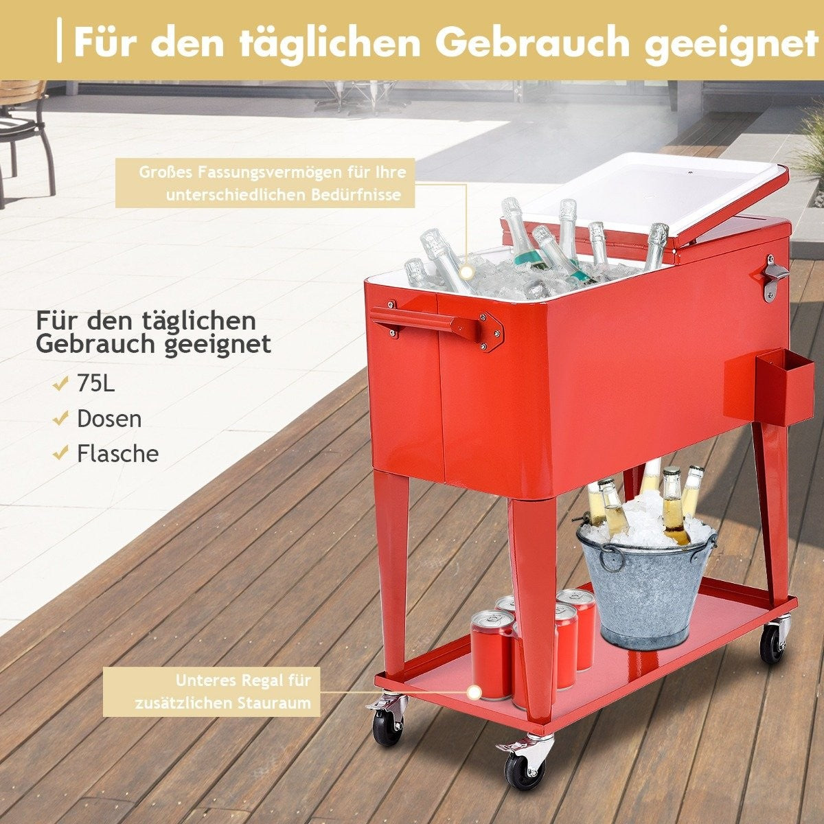 76L refrigerator trolley with shelf & bottle opener serving trolley cool box with wheels cooling container red