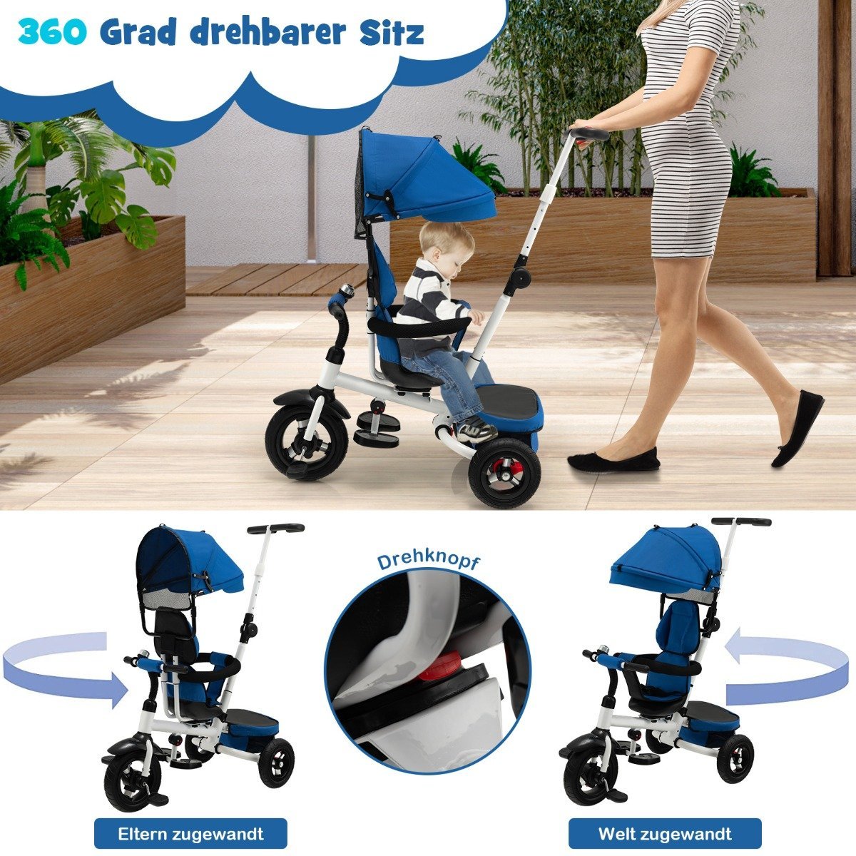 7 in 1 children's tricycle with reversible seat & adjustable canopy & push handle balance bike blue