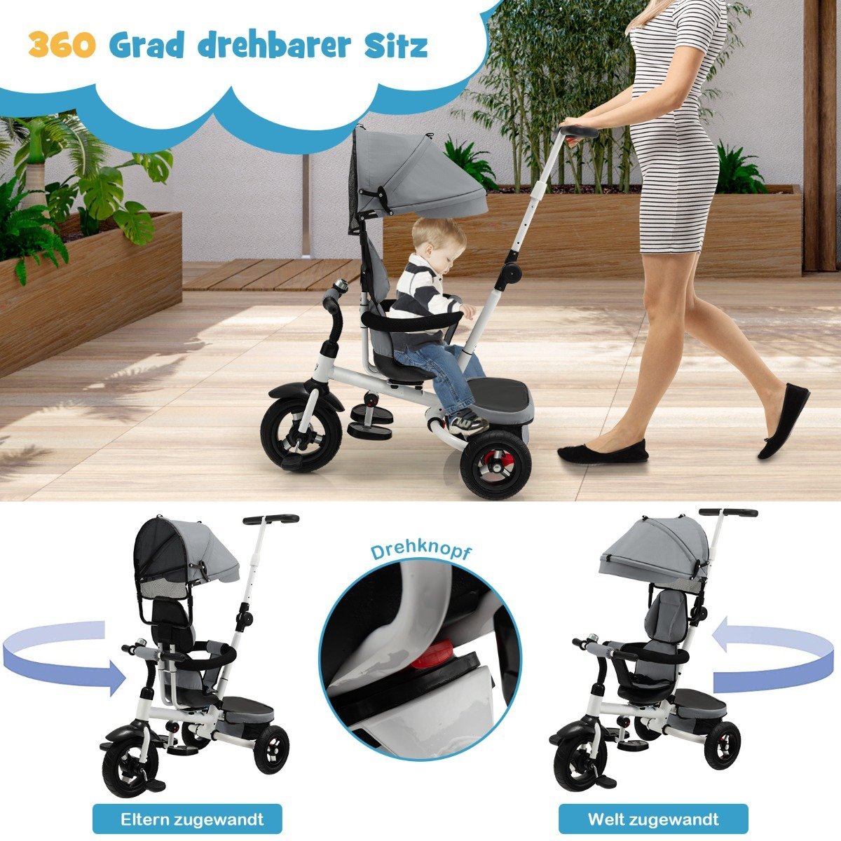 7 in 1 children's tricycle with reversible seat & adjustable canopy & push handle balance bike gray