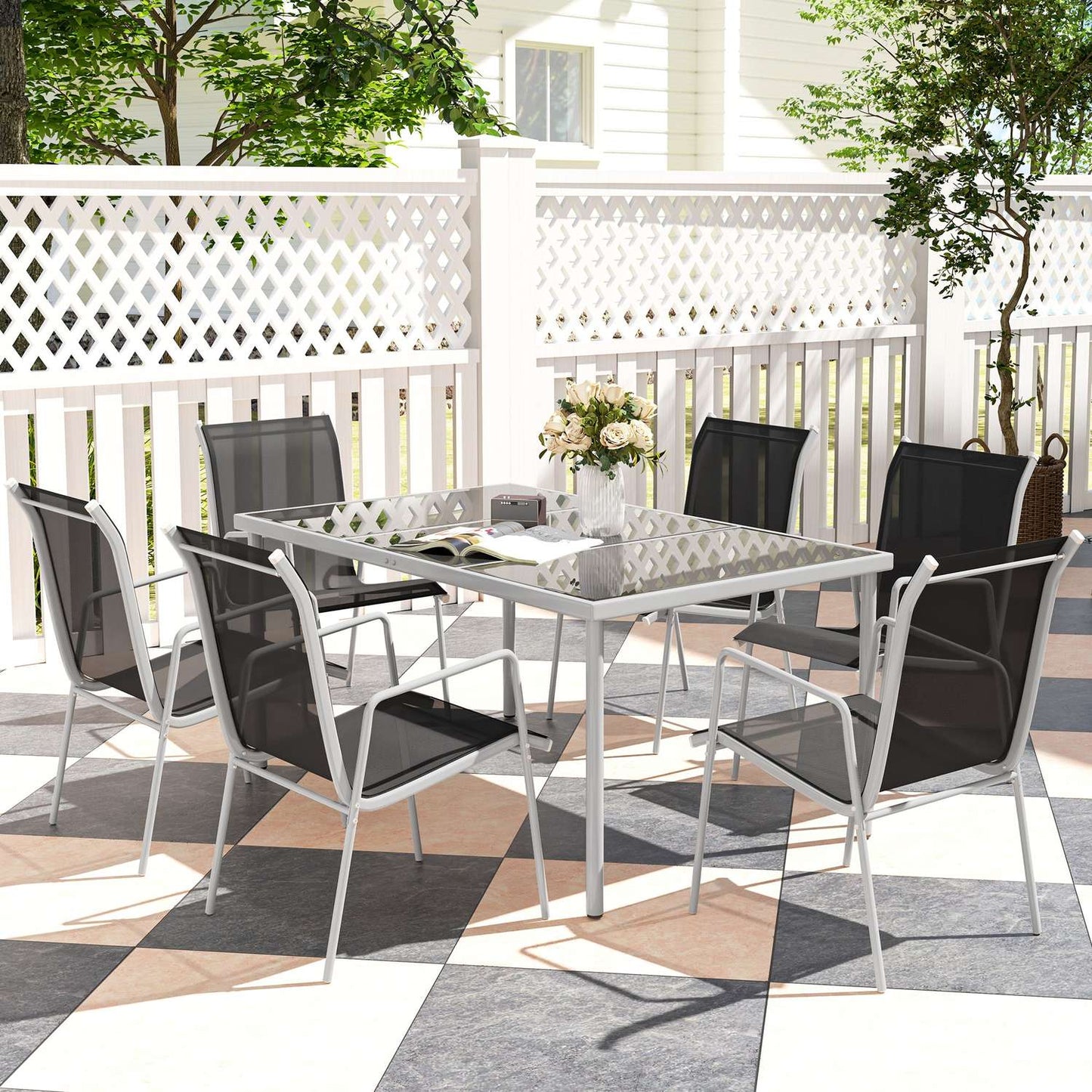 Dining room set for 6 with glass table and stackable chairs