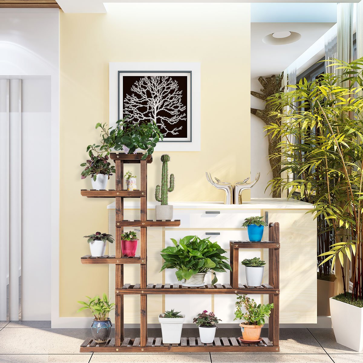 7-tier plant shelf plant stand multifunctional wooden shelf brown 130.5 x 60 x 25 cm
