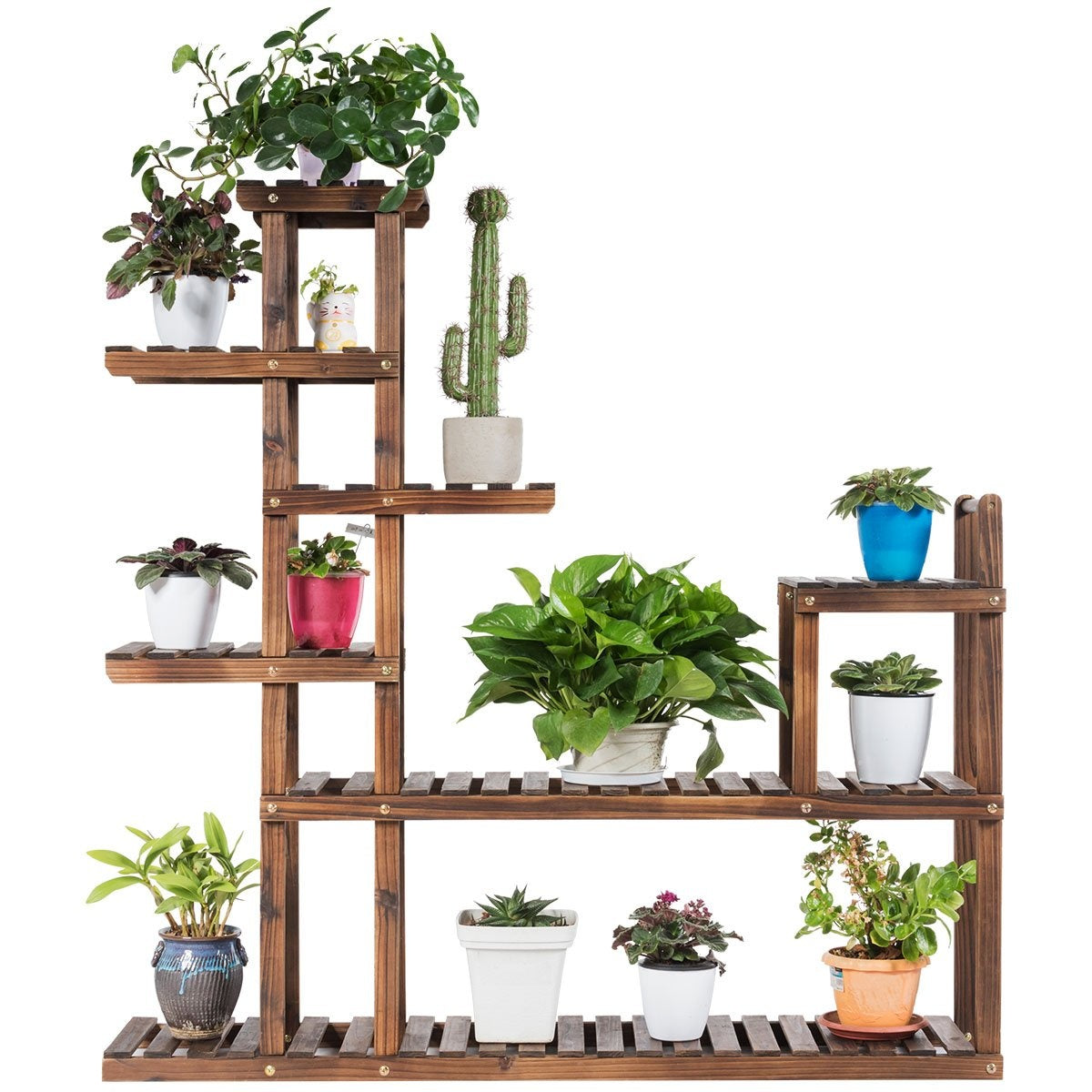 7-tier plant shelf plant stand multifunctional wooden shelf brown 130.5 x 60 x 25 cm