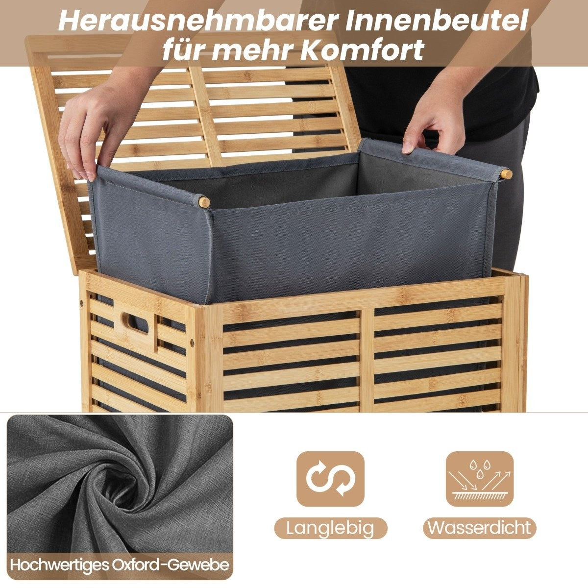 80L Laundry Basket with Lid & Removable Washable Laundry Bag Bamboo Laundry Hamper