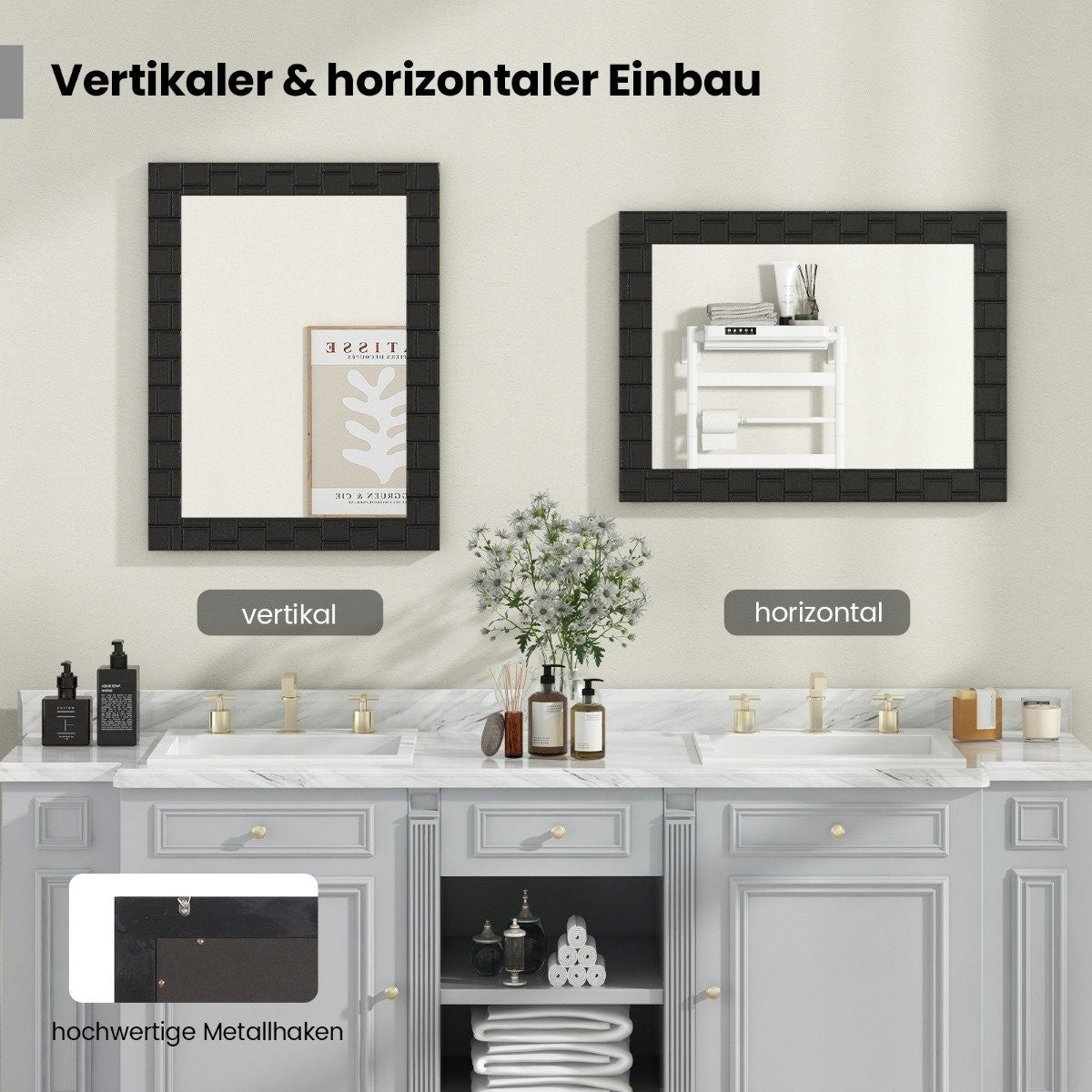 80 x 60 cm wall mirror made of rubberwood with solid wood frame, bathroom mirror, cosmetic mirror, black