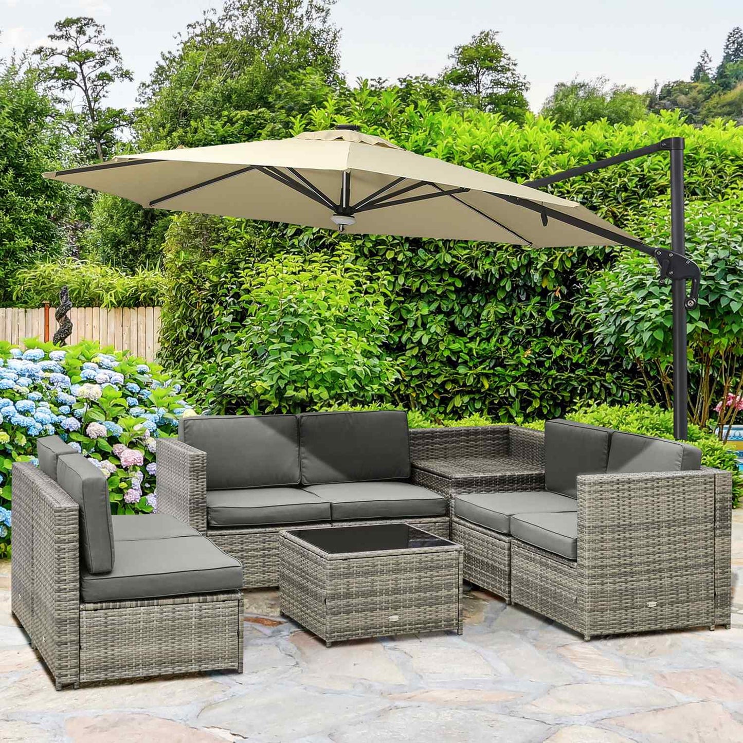 8-part patio in poly rattan, gray steel and polyester