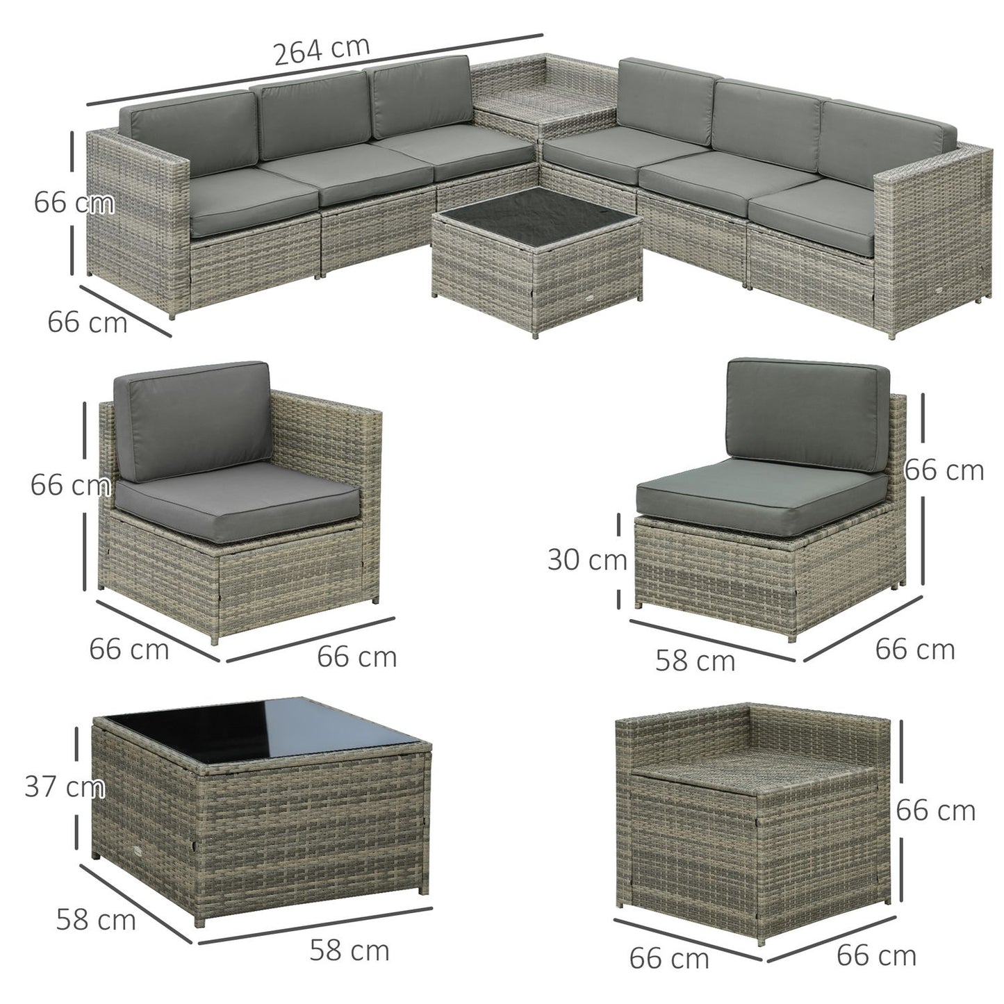 8-part patio in poly rattan, gray steel and polyester