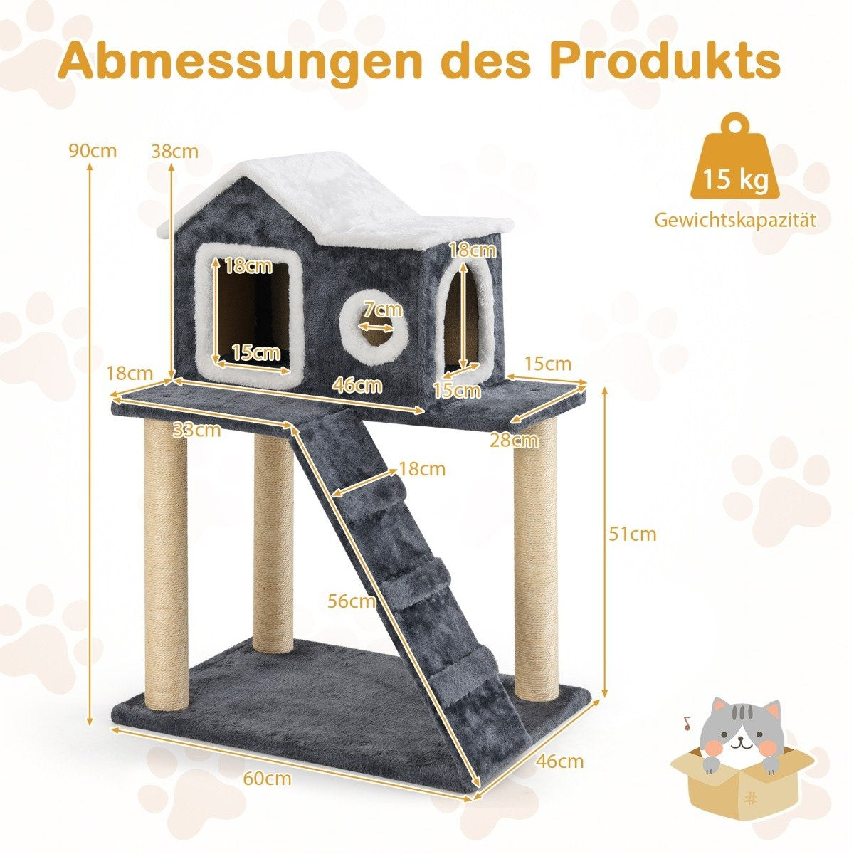 90 cm High Scratching Post with Large Cave & Ladder & Sisal Posts Cat Tree Climbing Tree Grey