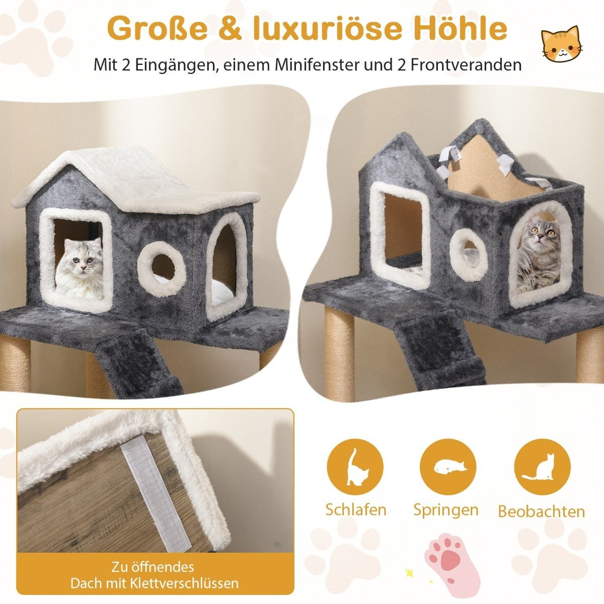 90 cm High Scratching Post with Large Cave & Ladder & Sisal Posts Cat Tree Climbing Tree Grey
