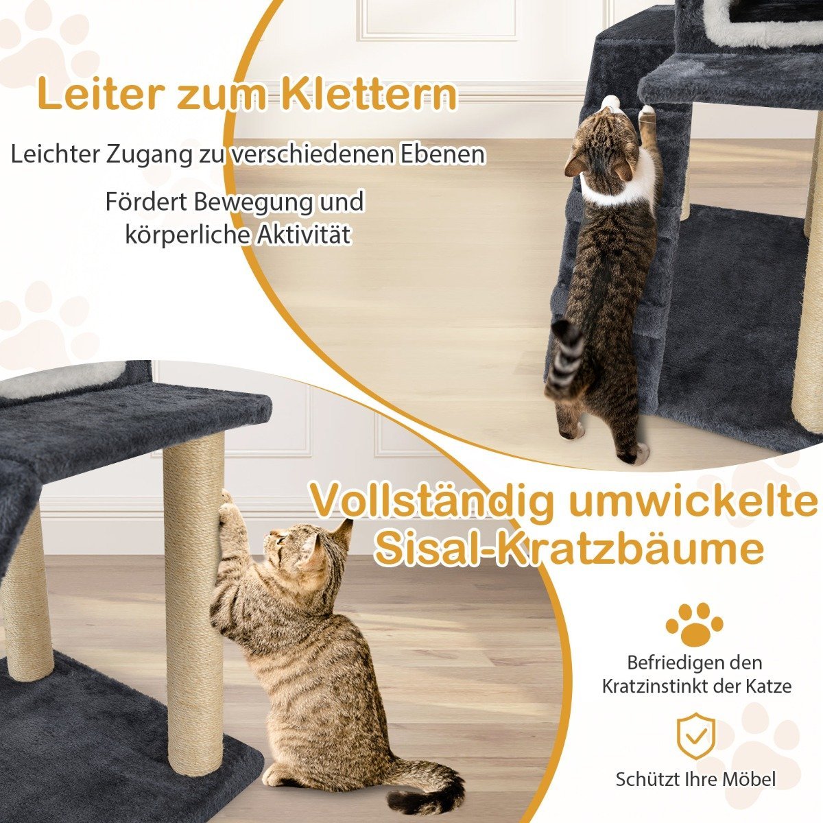 90 cm High Scratching Post with Large Cave & Ladder & Sisal Posts Cat Tree Climbing Tree Grey