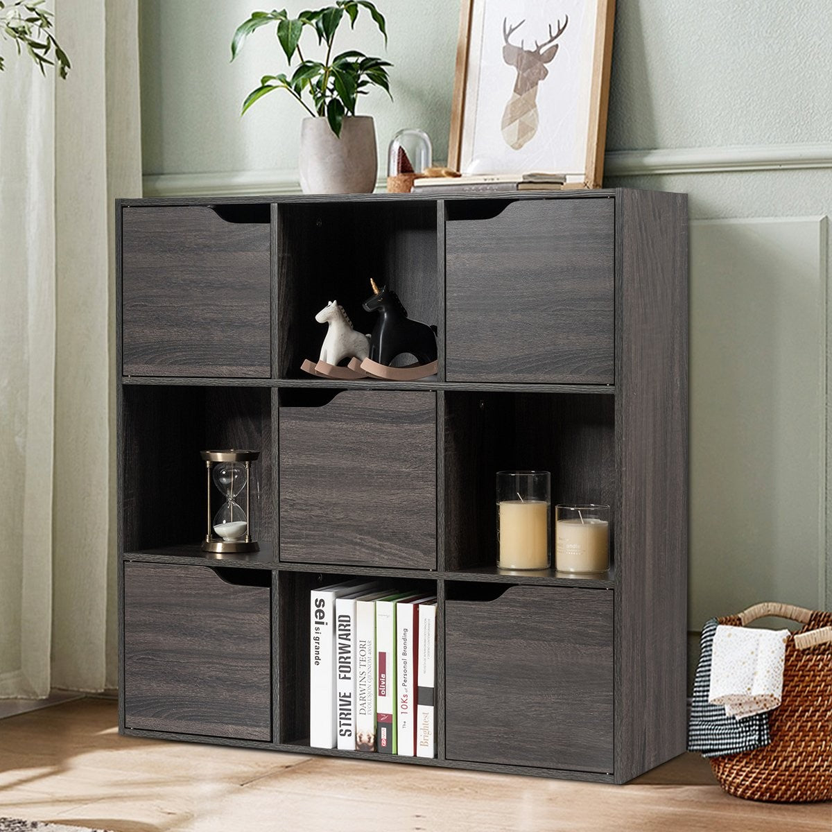 9-Compartment Storage Organizer Shelf with Doors Freestanding Wooden Bookshelf-Gray