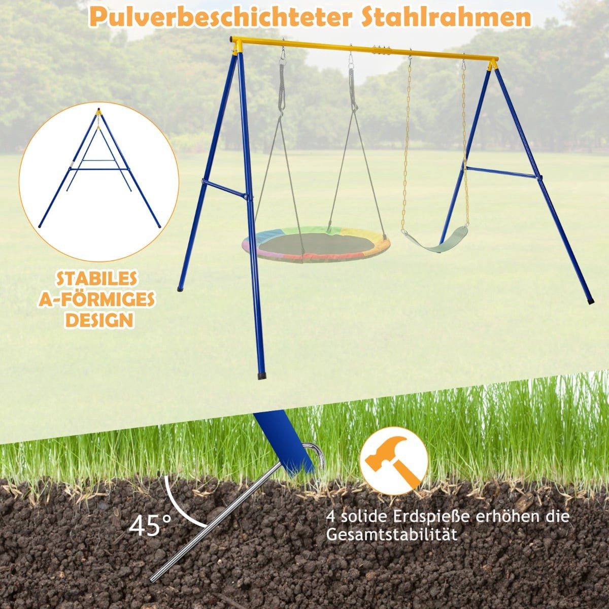 A-Frame Swing Set, Steel, 249x185x181.5 cm, Blue/Yellow