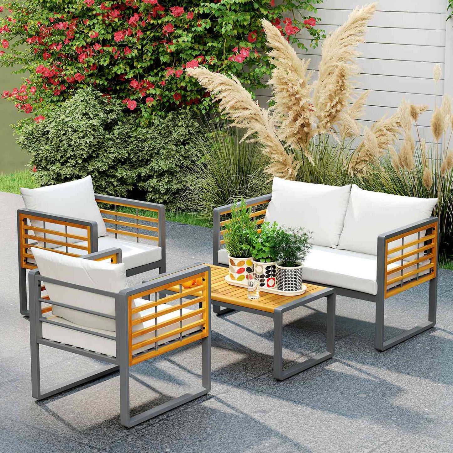 Garden furniture in acacia wood, 4-person seating, beige