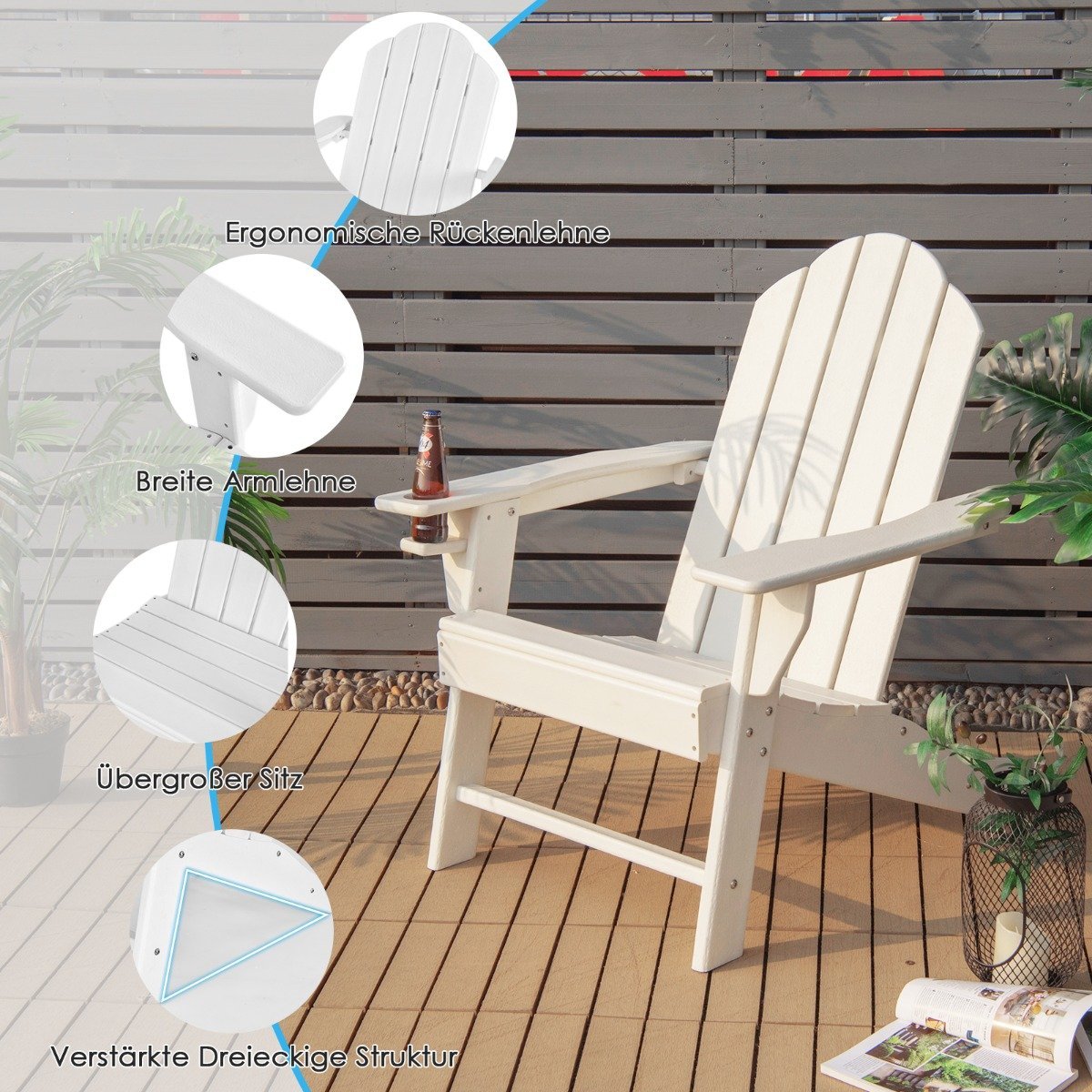 Adirondack Chair with Cup Holder Patio Chair Fire Pit Chair 85.5 x 78.5 x 94 cm White