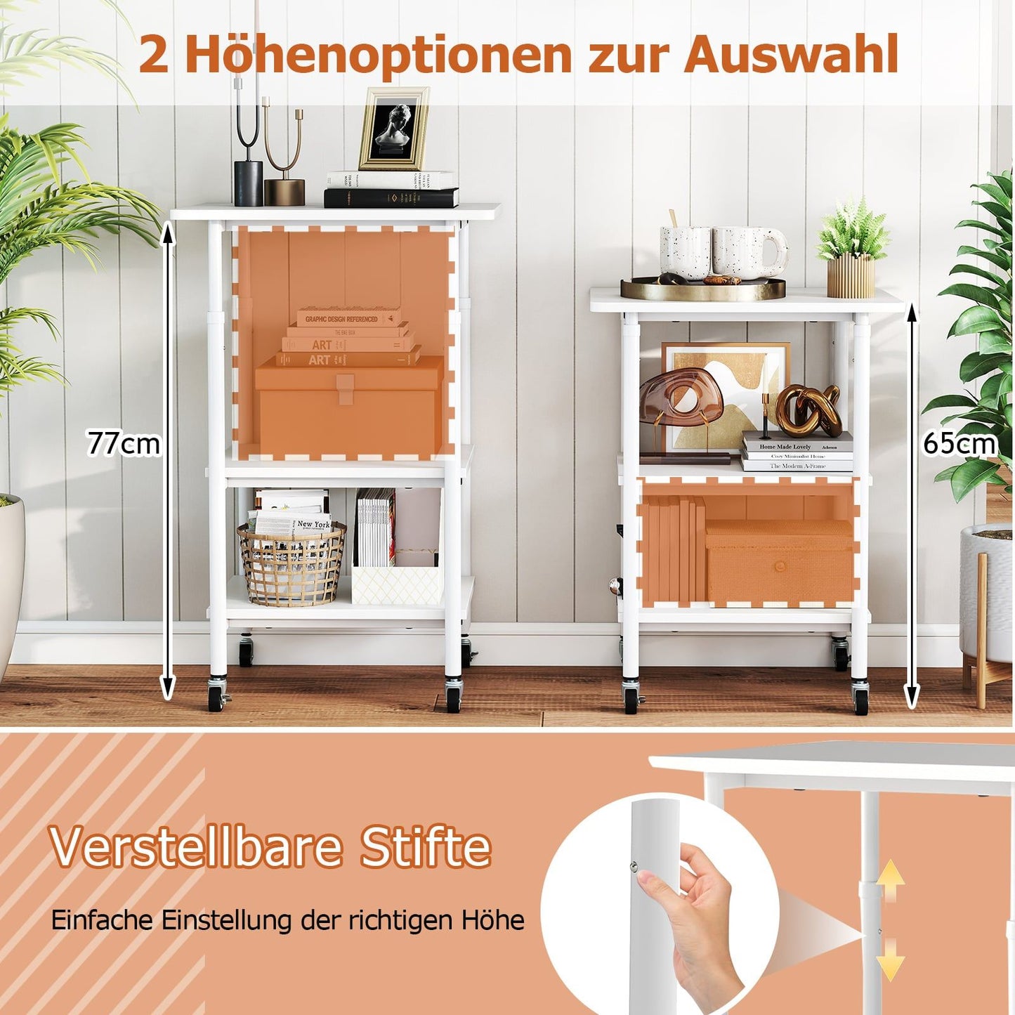Adjustable 3-Tier Printer Stand with Shelves & Wheels, White