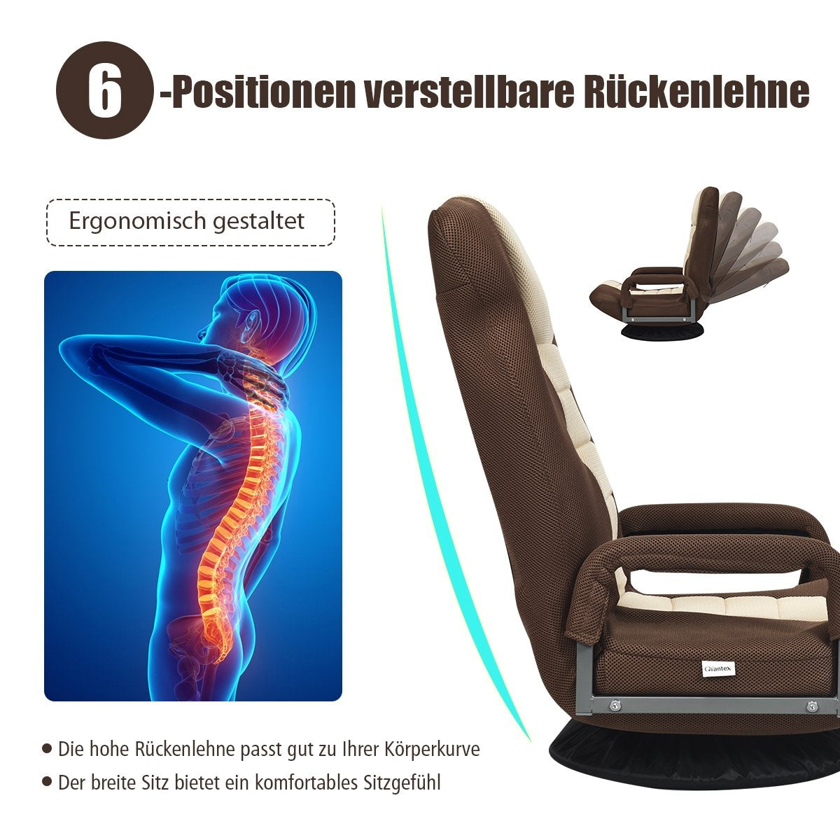 Adjustable 6-position floor chair floor chair with swivel base 61-87 x 55 x 75 cm Both + Brown