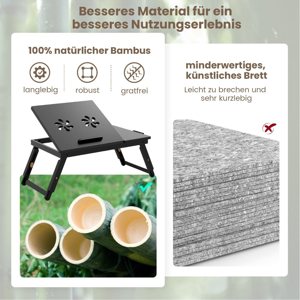 Adjustable Bamboo Laptop Table with Drawer – Brown