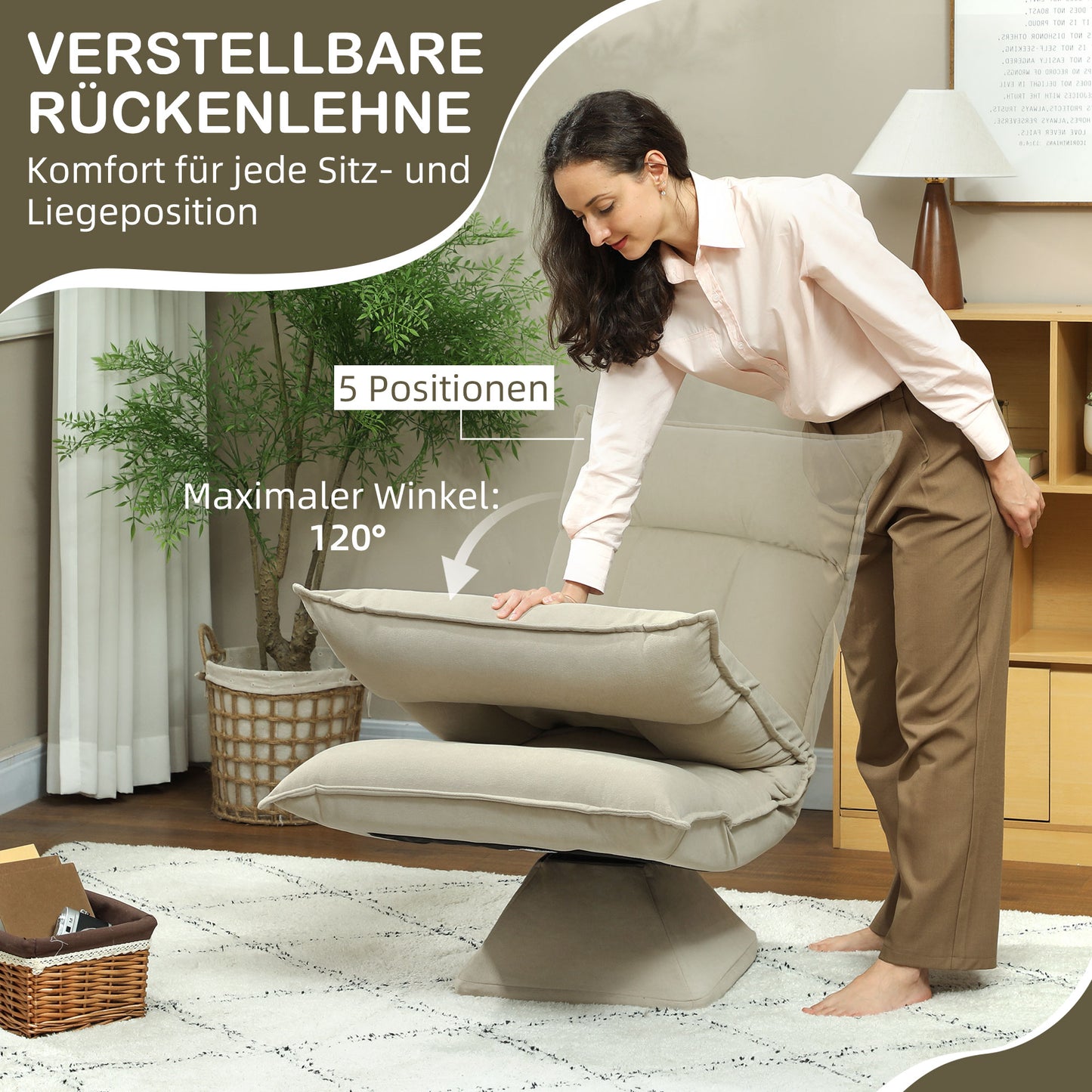 Adjustable Floor Chair, 360° Swivel, Beige, Steel Frame