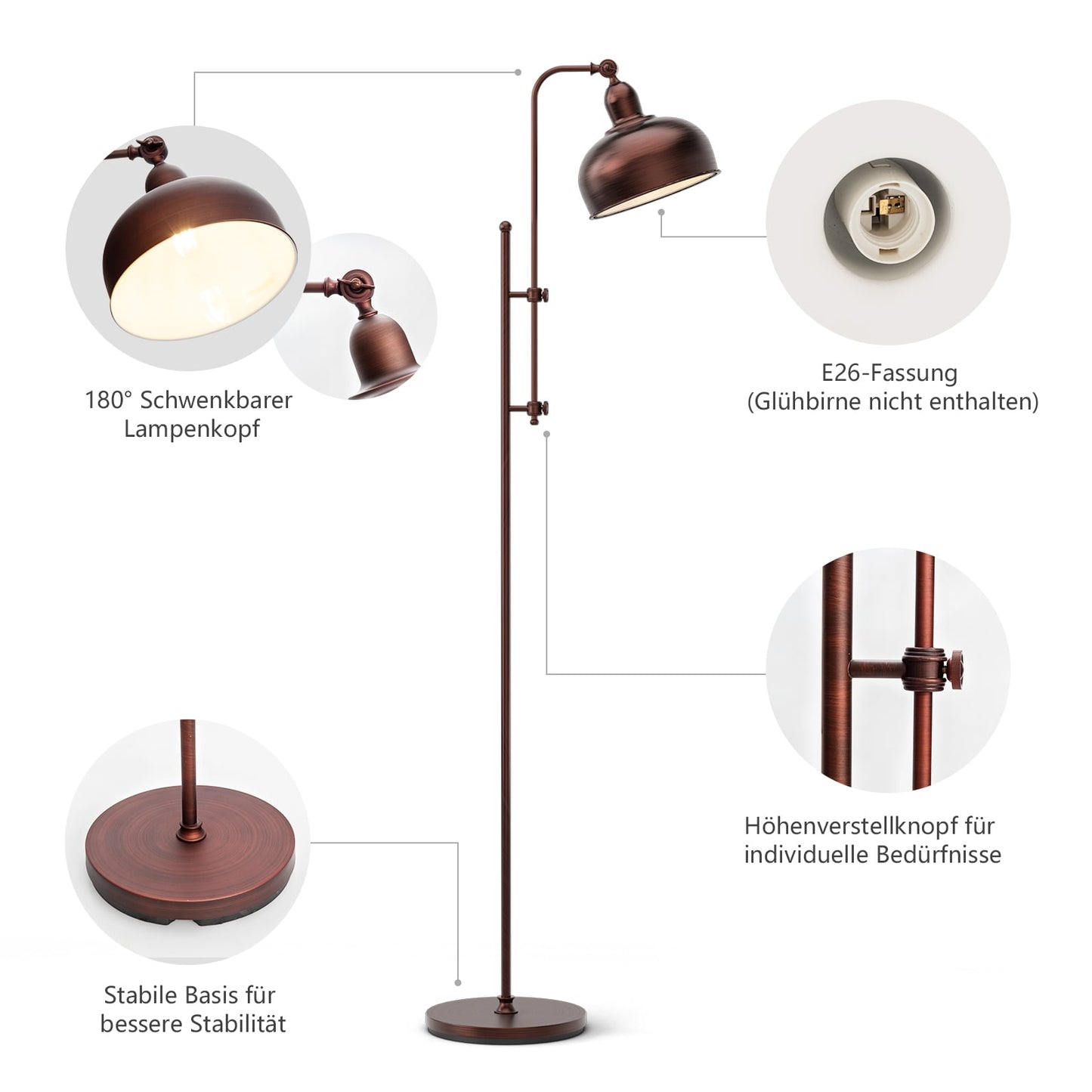 Adjustable Floor Lamp with Metal Frame, 180 Rotating Head