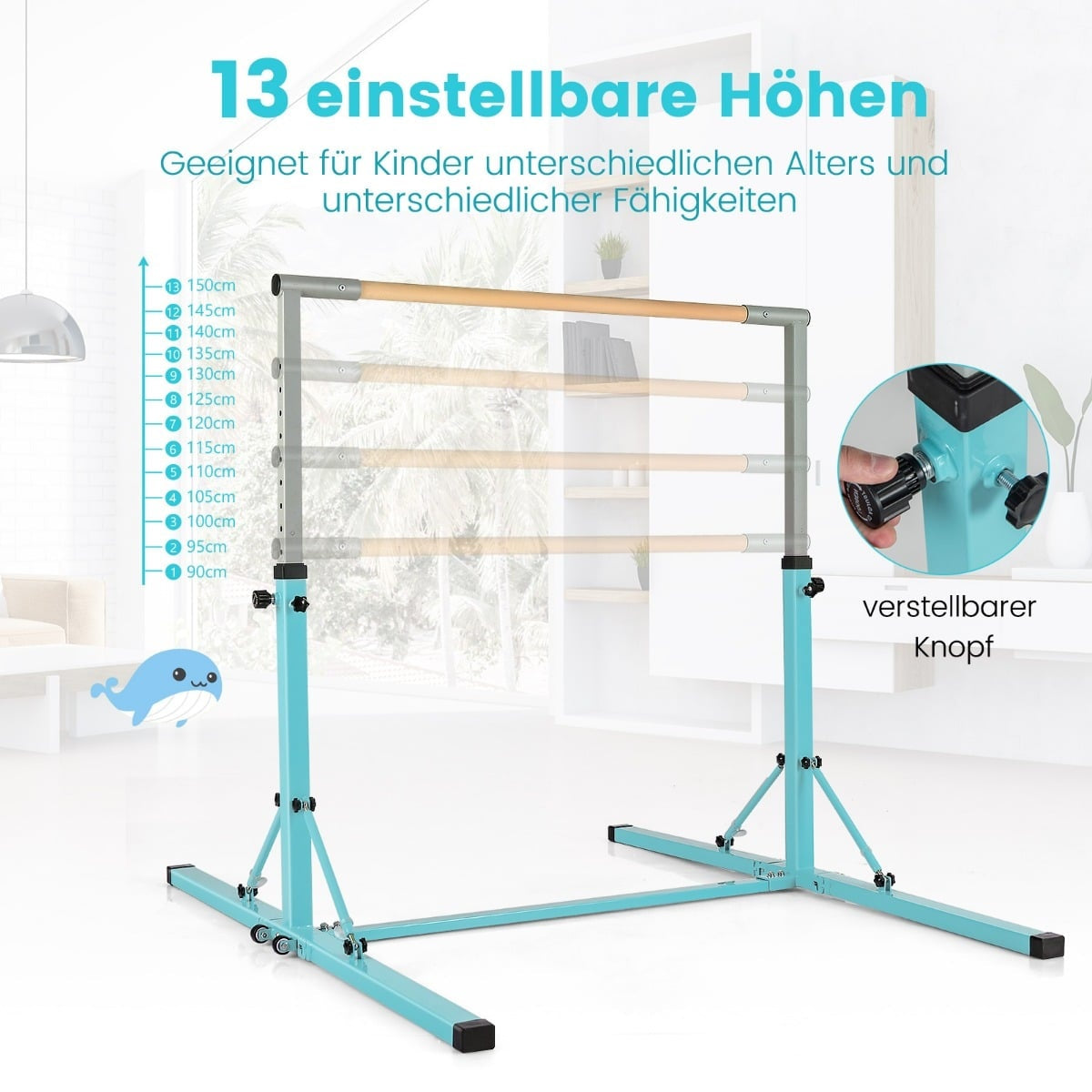 Adjustable Gymnastics Bar for Kids, Indoor Use, Green